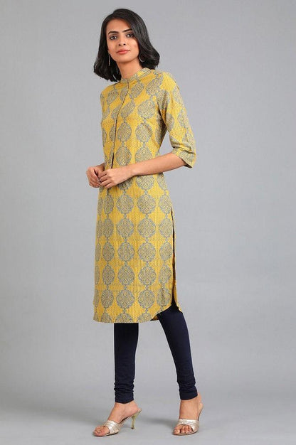 Yellow Mandarin Neck Printed kurta - wforwoman