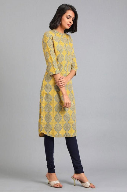 Yellow Mandarin Neck Printed kurta - wforwoman