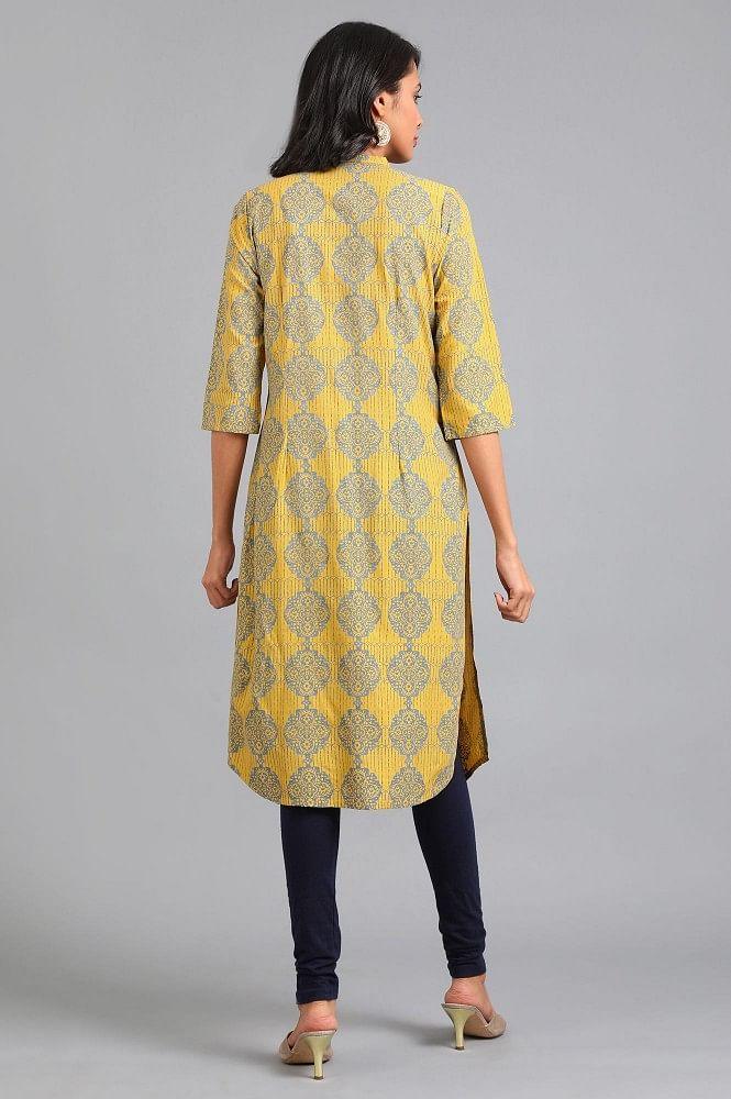 Yellow Mandarin Neck Printed kurta - wforwoman