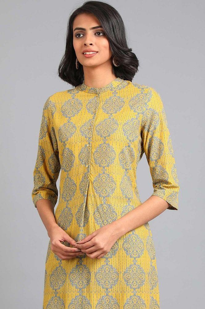 Yellow Mandarin Neck Printed kurta - wforwoman