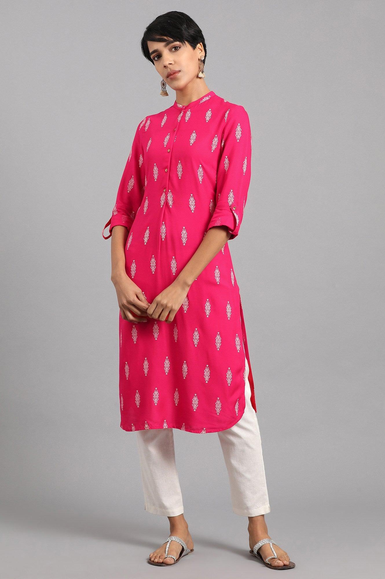 Peach Mandarin Neck Embroidered kurta - wforwoman