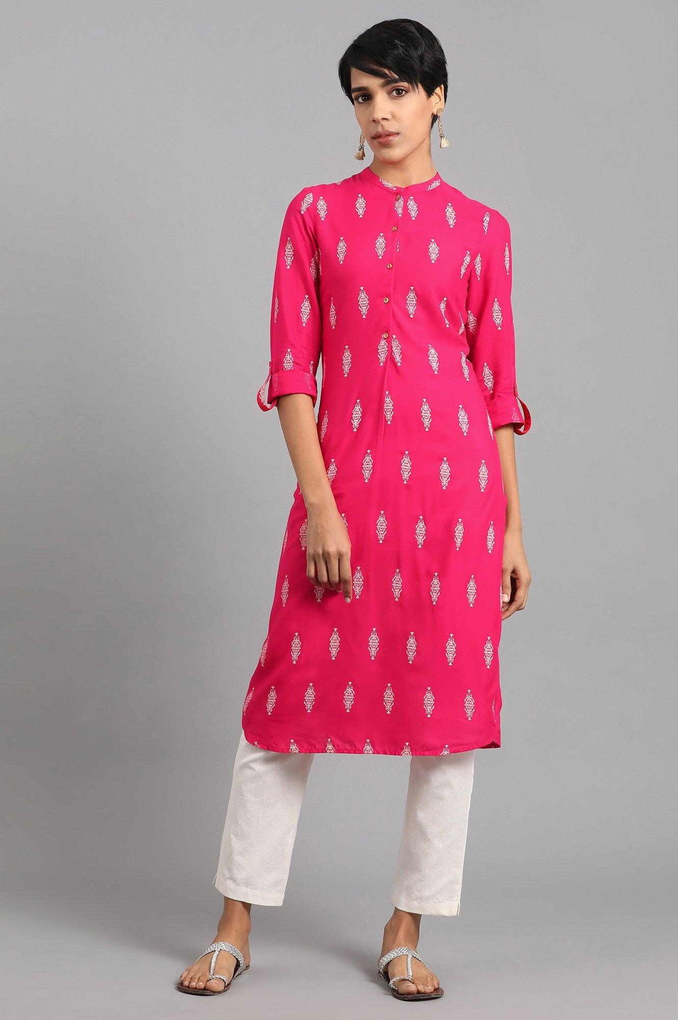 Peach Mandarin Neck Embroidered kurta - wforwoman