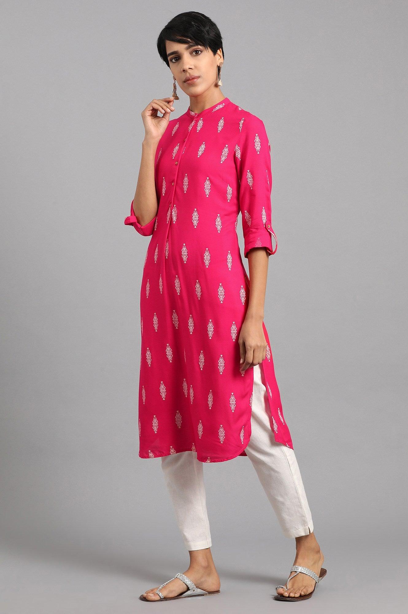 Peach Mandarin Neck Embroidered kurta - wforwoman