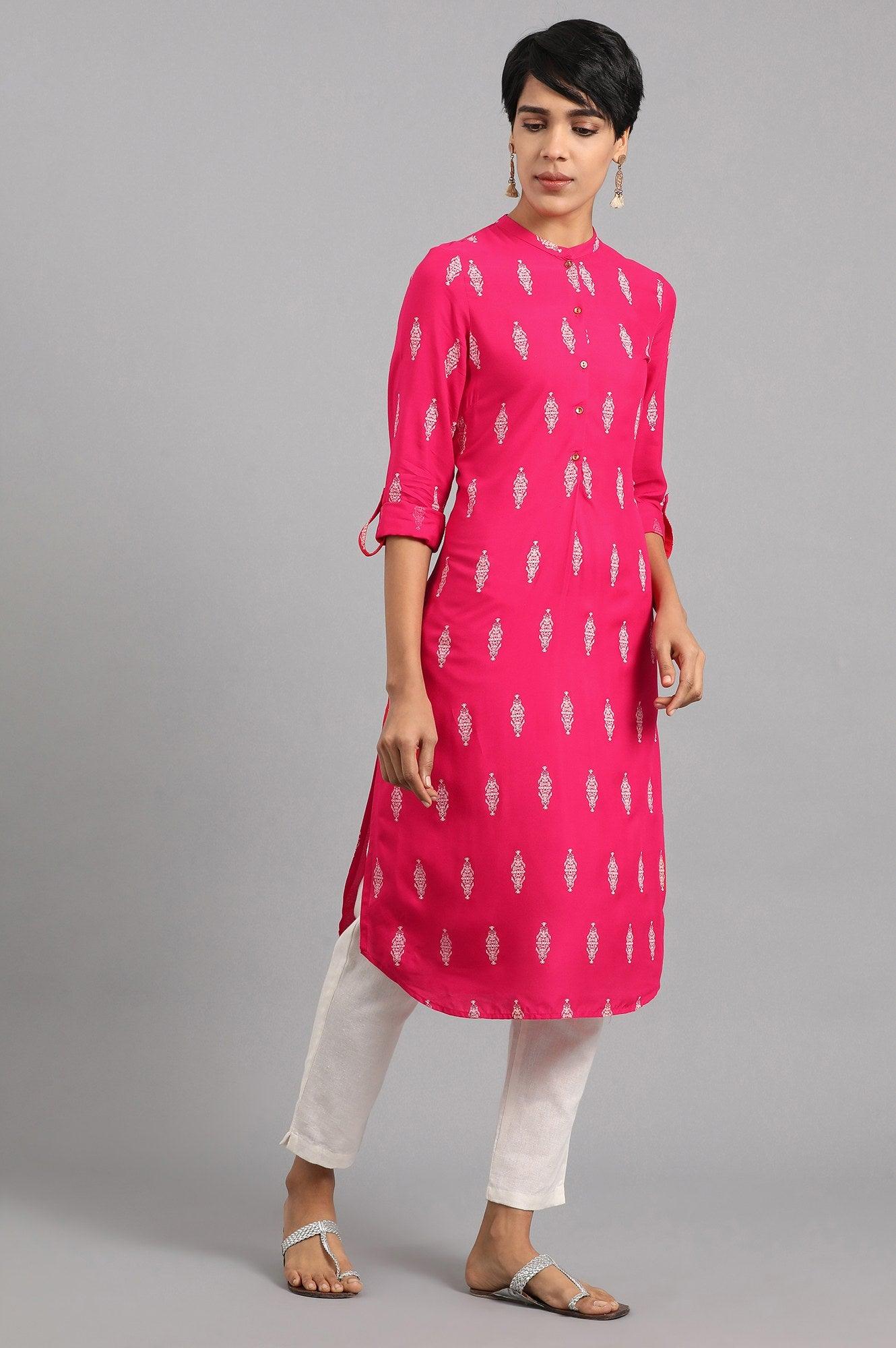 Peach Mandarin Neck Embroidered kurta - wforwoman