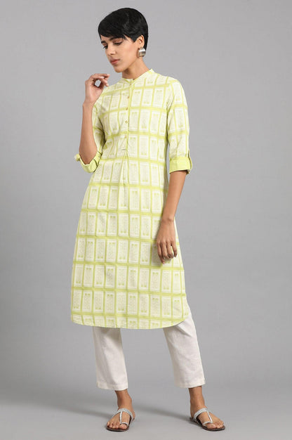 Lime Mandarin Neck Printed kurta - wforwoman