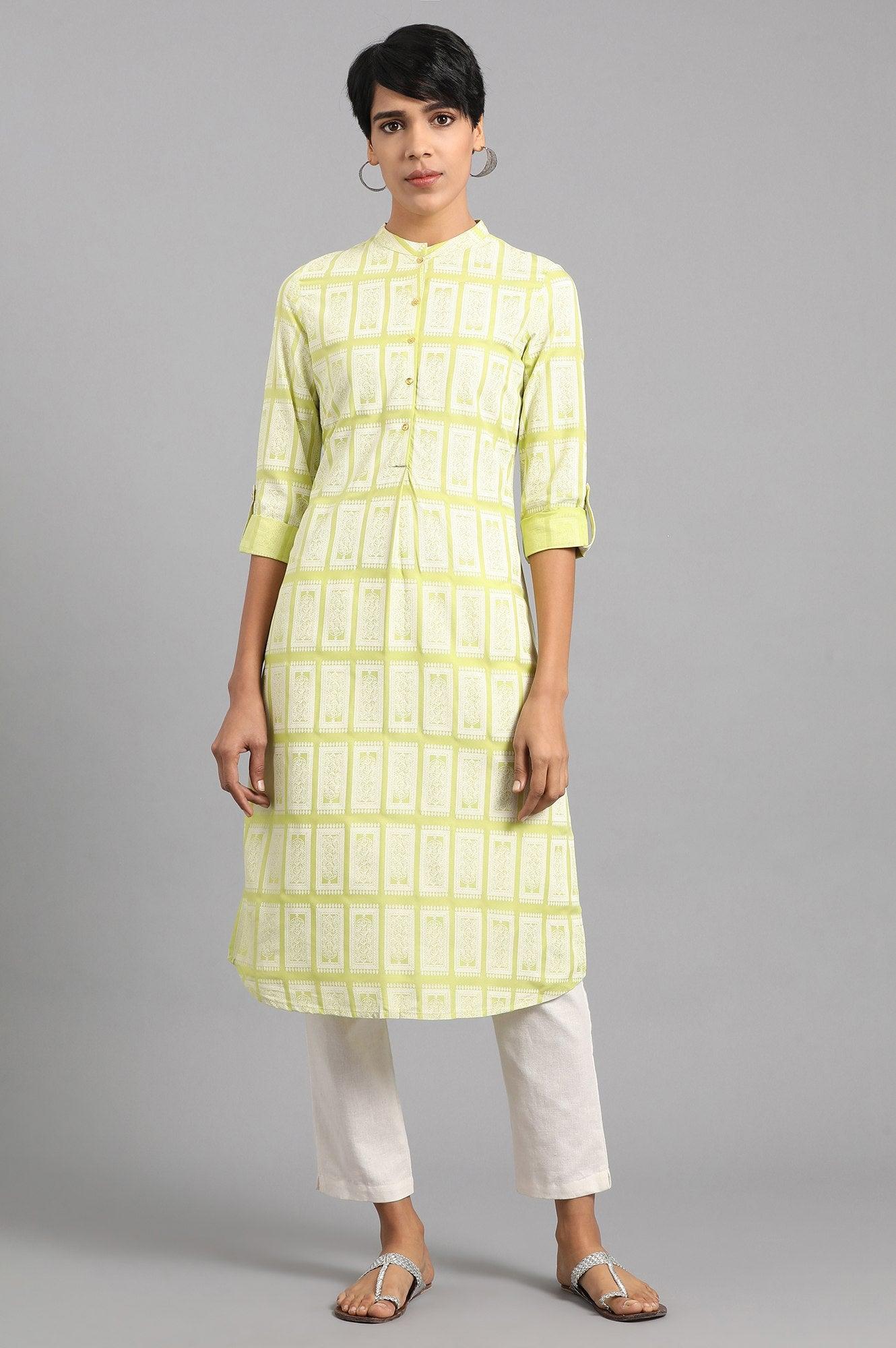 Lime Mandarin Neck Printed kurta - wforwoman