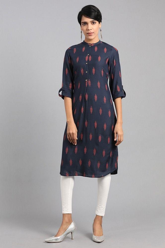 Blue Mandarin Neck Printed kurta - wforwoman