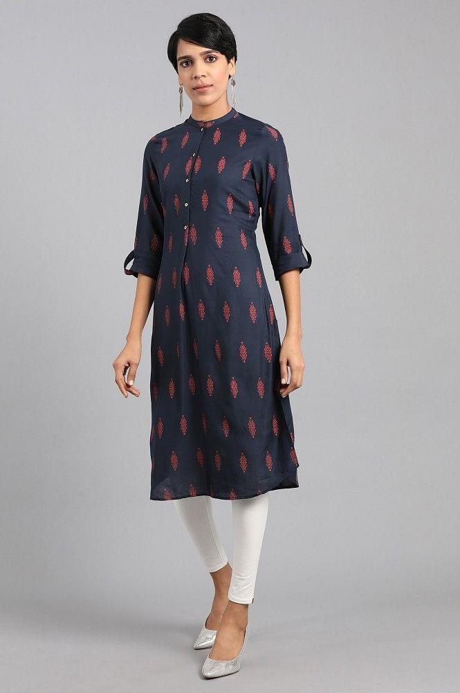 Blue Mandarin Neck Printed kurta - wforwoman