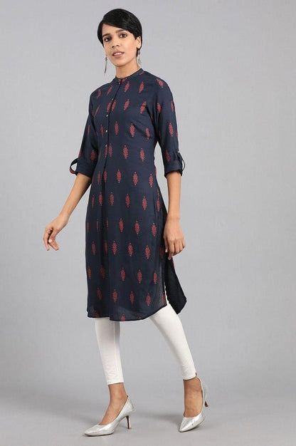 Blue Mandarin Neck Printed kurta - wforwoman