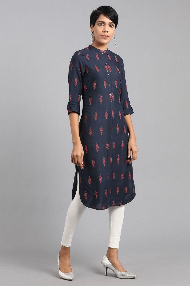 Blue Mandarin Neck Printed kurta - wforwoman