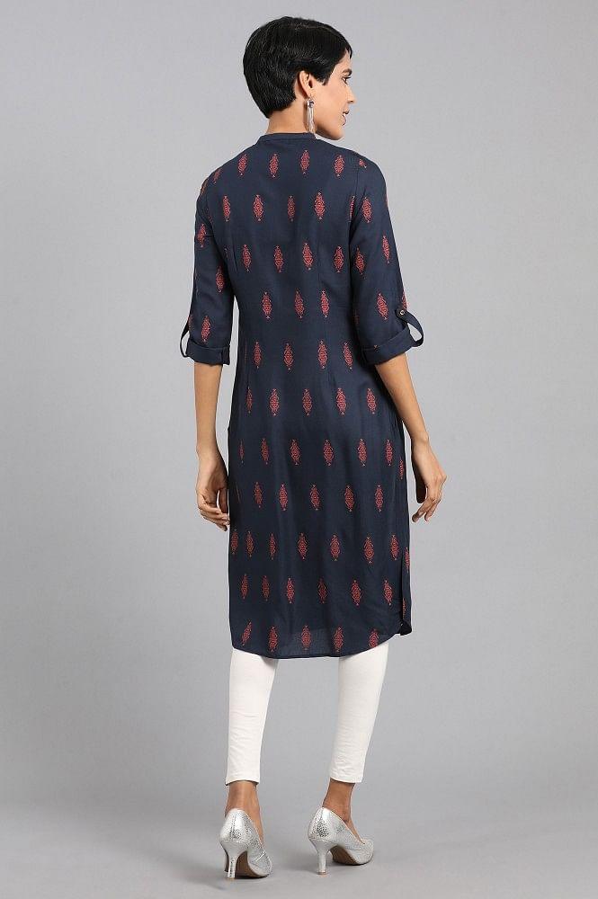 Blue Mandarin Neck Printed kurta - wforwoman