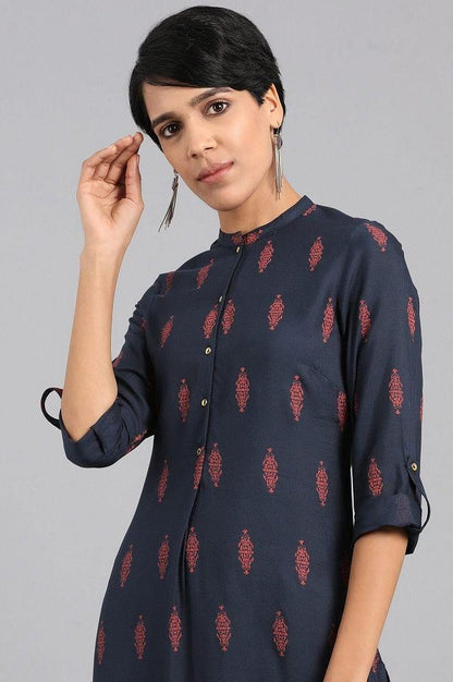 Blue Mandarin Neck Printed kurta - wforwoman