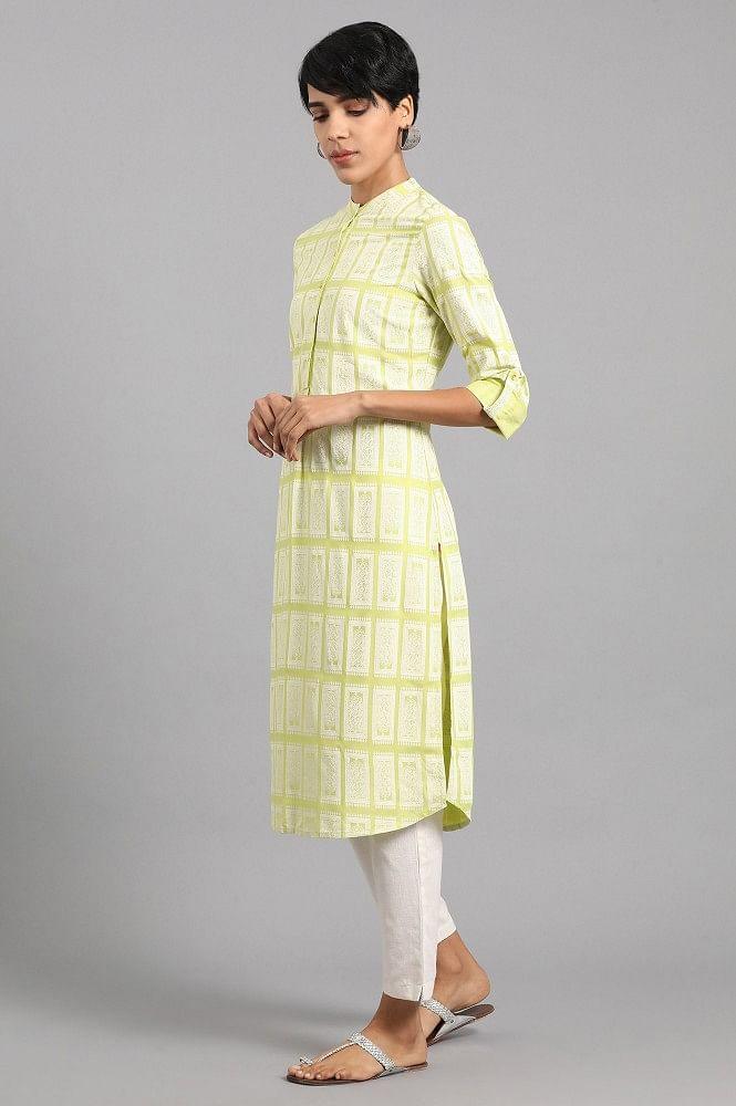 Lime Mandarin Neck Printed kurta - wforwoman