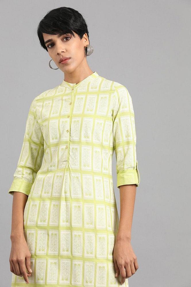 Lime Mandarin Neck Printed kurta - wforwoman