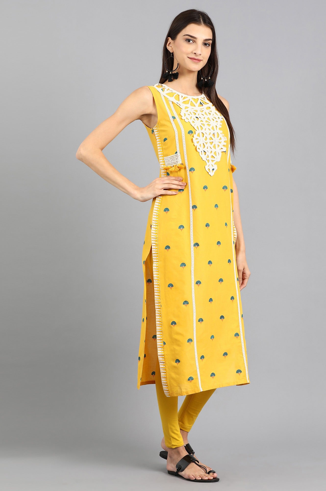 Yellow Round Neck Printed kurta