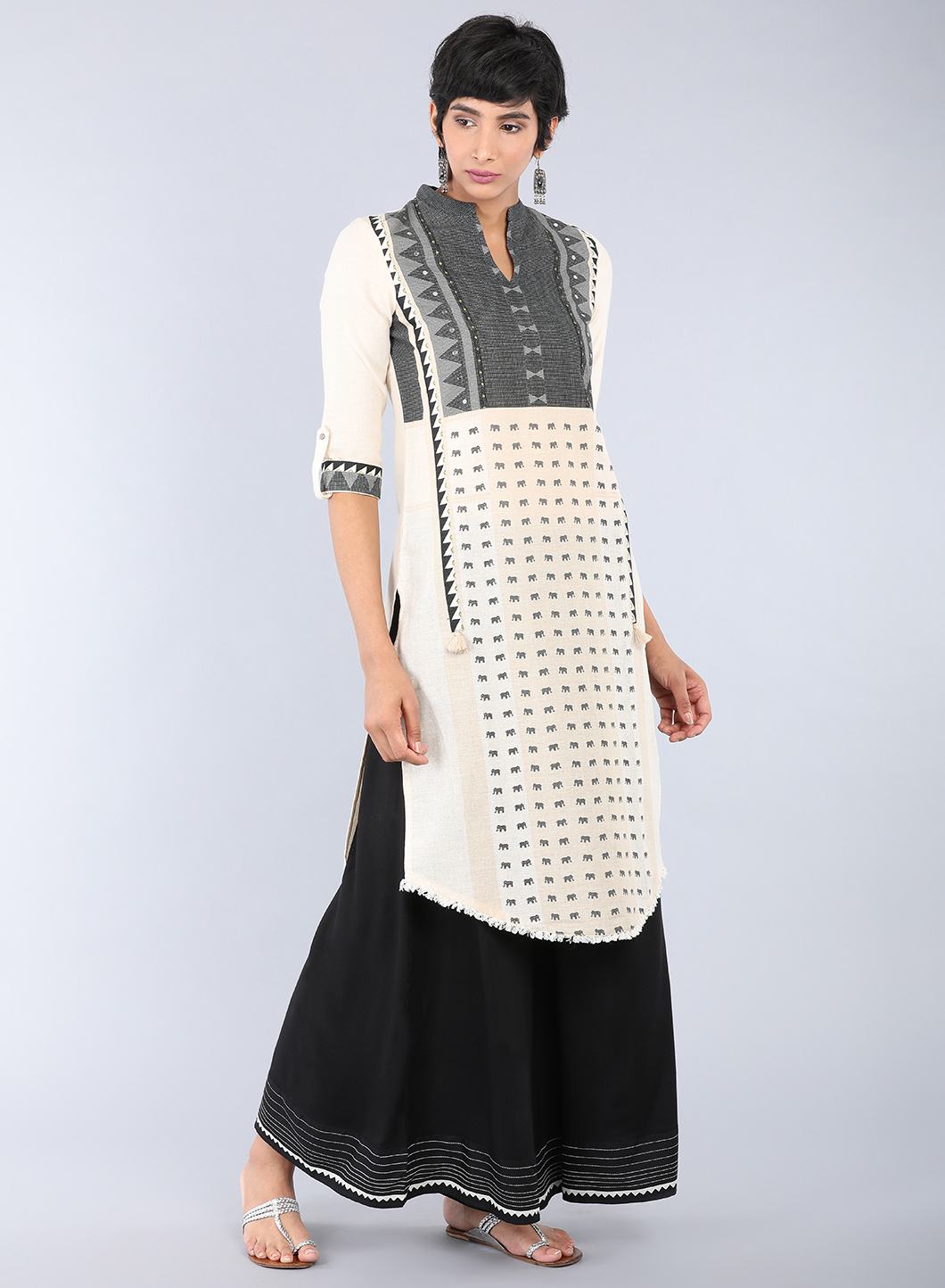 Off-White Mandarin Neck Printed kurta