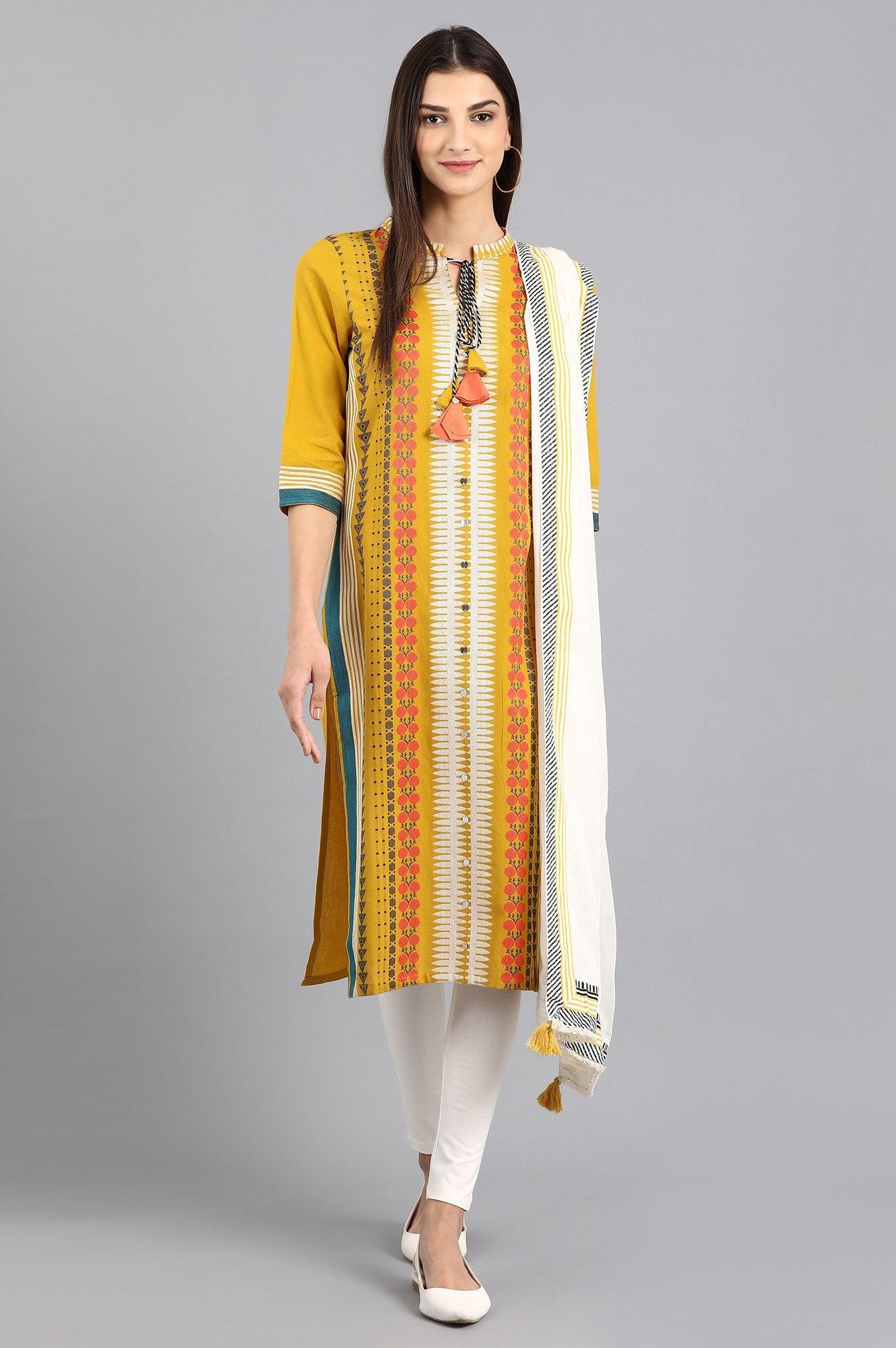 Yellow Mandarin Neck Tie-up kurta - wforwoman