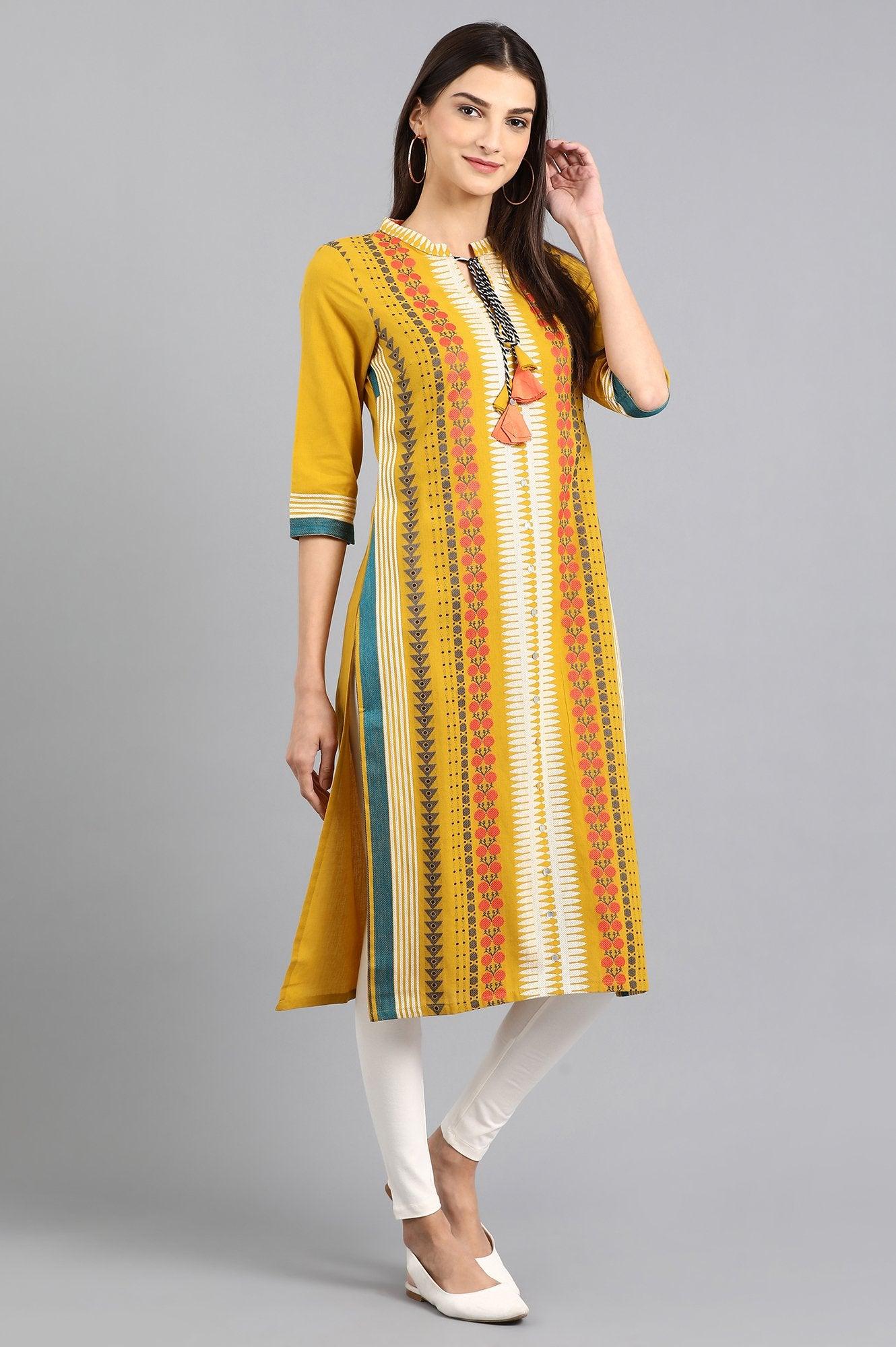 Yellow Mandarin Neck Tie-up kurta - wforwoman