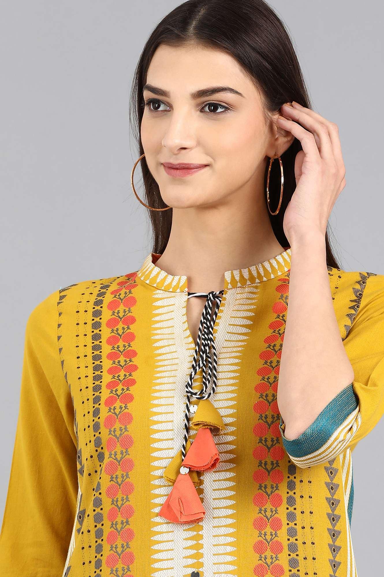 Yellow Mandarin Neck Tie-up kurta - wforwoman