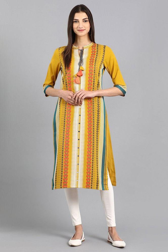 Yellow Mandarin Neck Tie-up kurta - wforwoman