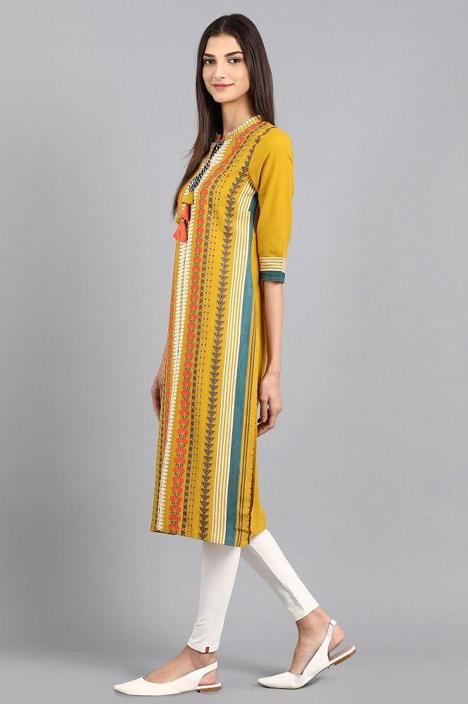 Yellow Mandarin Neck Tie-up kurta - wforwoman