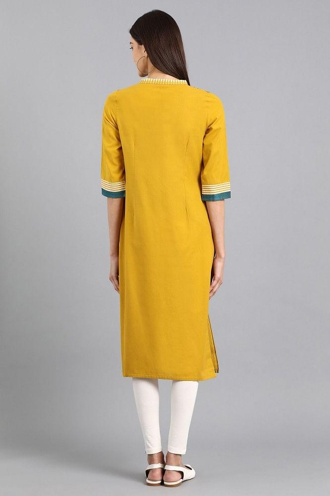 Yellow Mandarin Neck Tie-up kurta - wforwoman