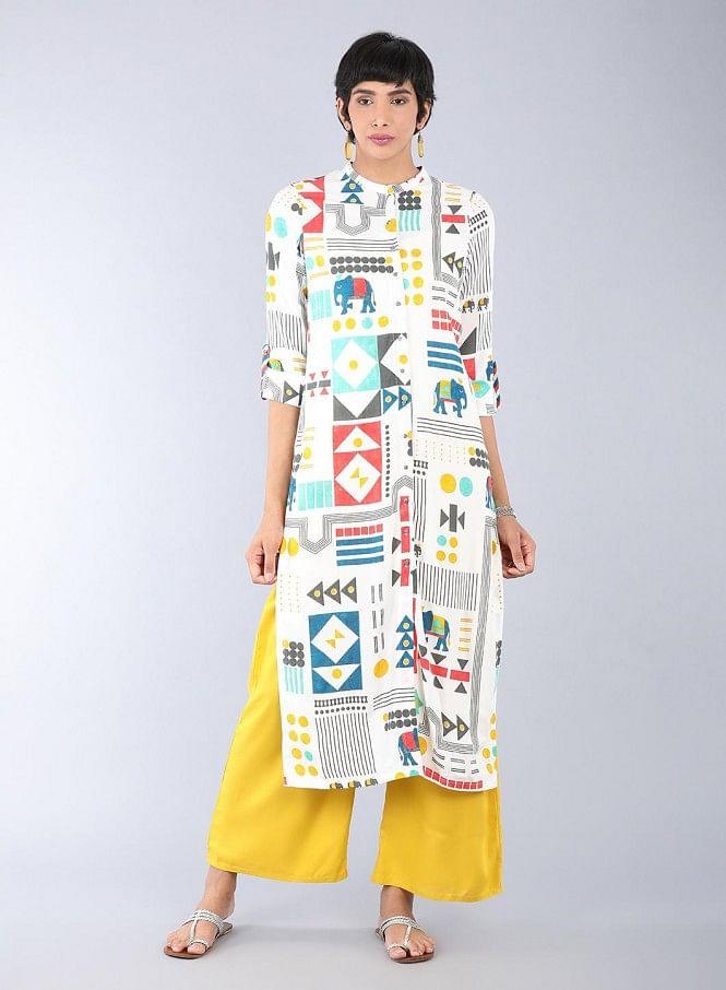 White Mandarin Neck Printed kurta - wforwoman