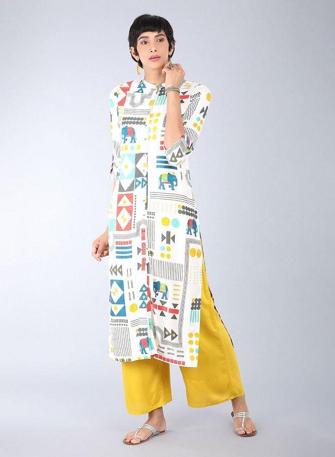 White Mandarin Neck Printed kurta - wforwoman