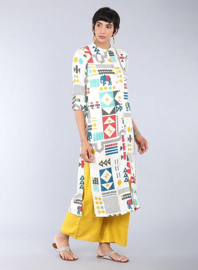 White Mandarin Neck Printed kurta - wforwoman