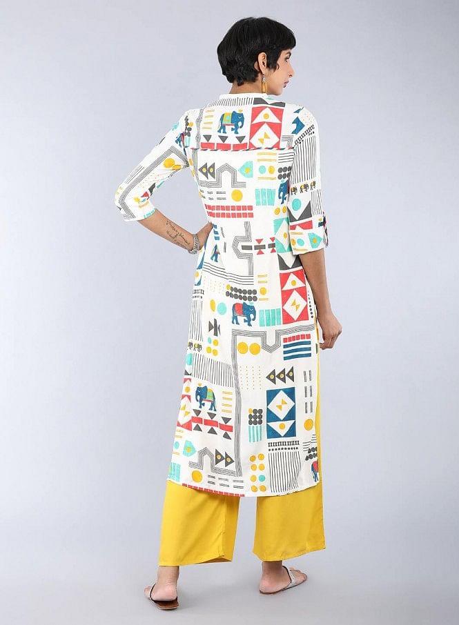 White Mandarin Neck Printed kurta - wforwoman