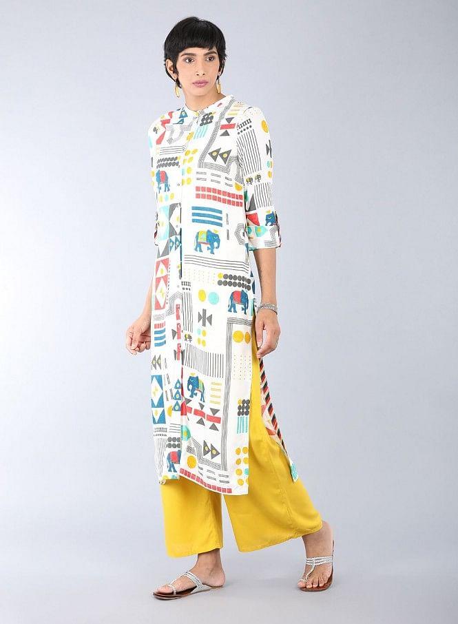 White Mandarin Neck Printed kurta - wforwoman