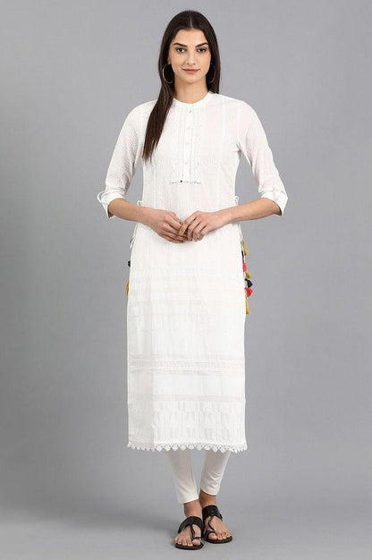 White Mandarin Neck Printed kurta - wforwoman