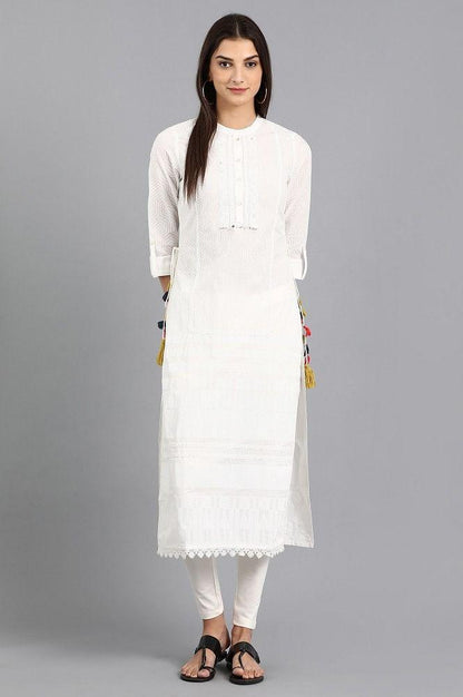 White Mandarin Neck Printed kurta - wforwoman