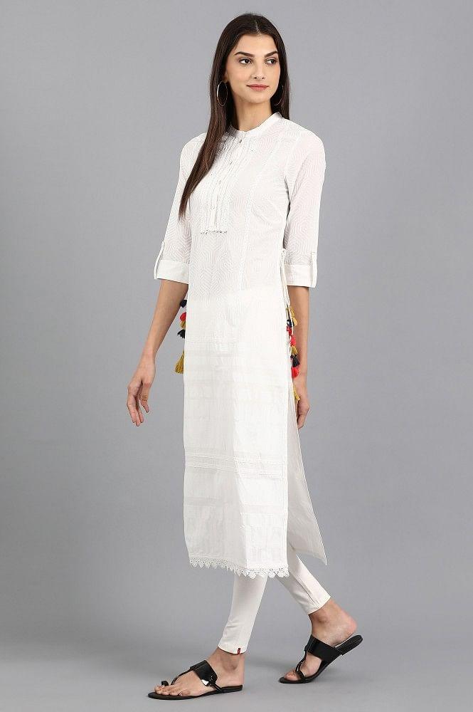 White Mandarin Neck Printed kurta - wforwoman