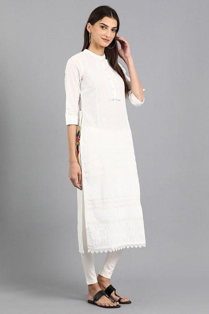 White Mandarin Neck Printed kurta - wforwoman