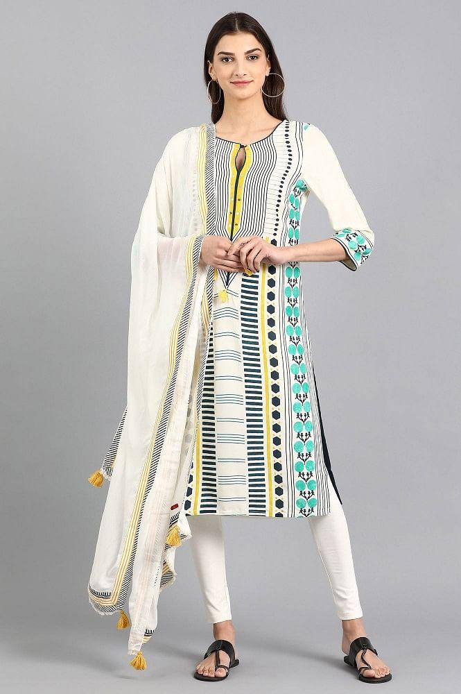 White Round Neck Printed kurta - wforwoman