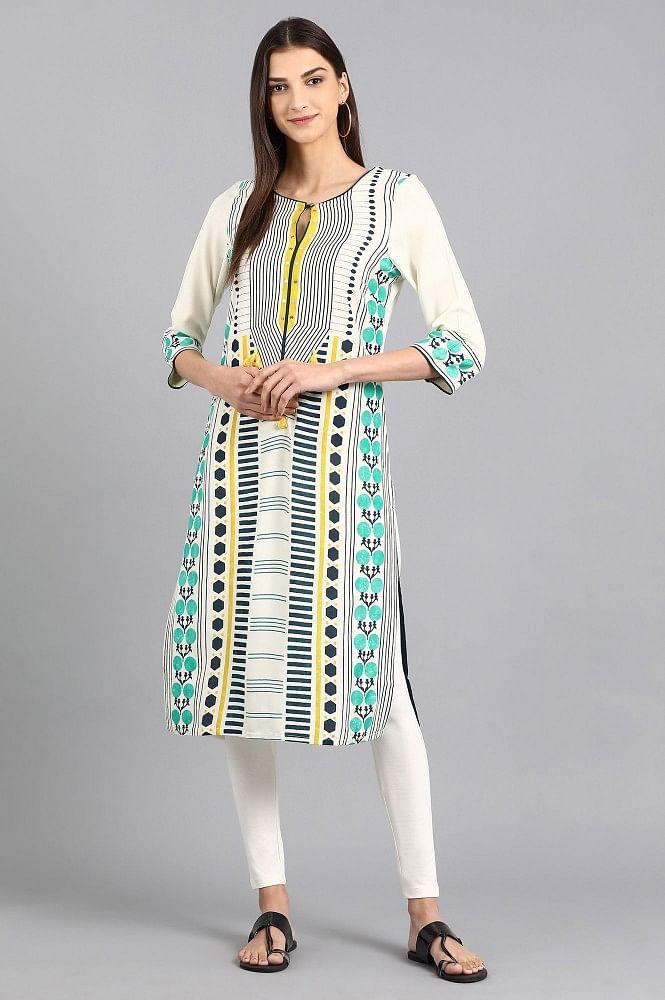 White Round Neck Printed kurta - wforwoman