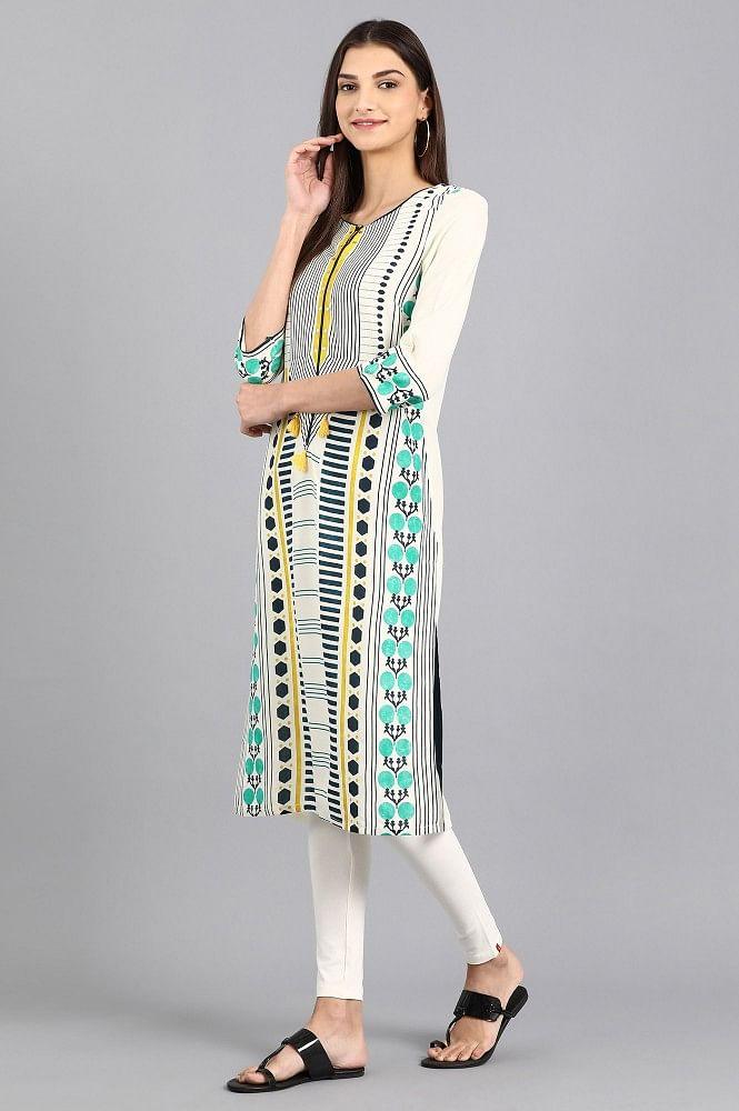 White Round Neck Printed kurta - wforwoman