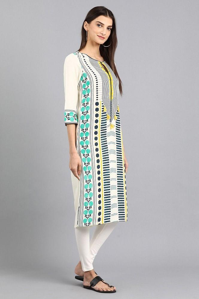 White Round Neck Printed kurta - wforwoman