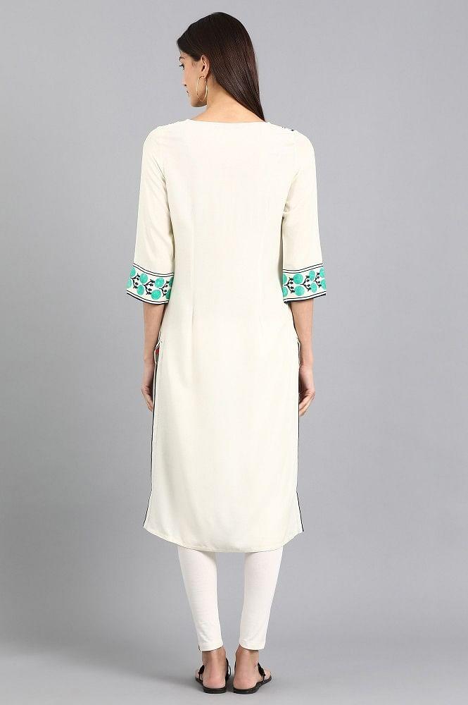 White Round Neck Printed kurta - wforwoman