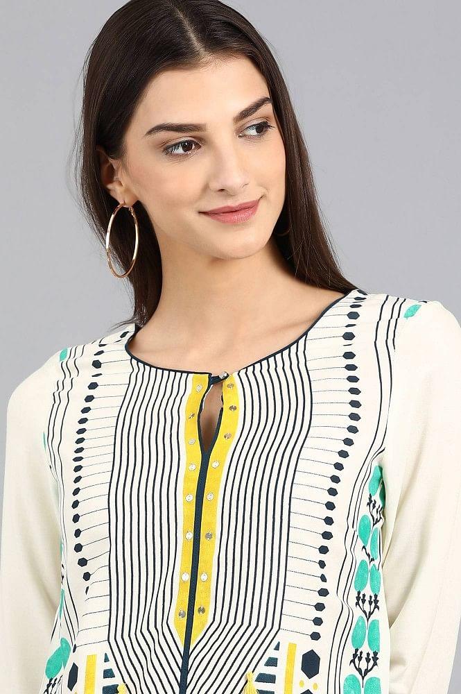 White Round Neck Printed kurta - wforwoman