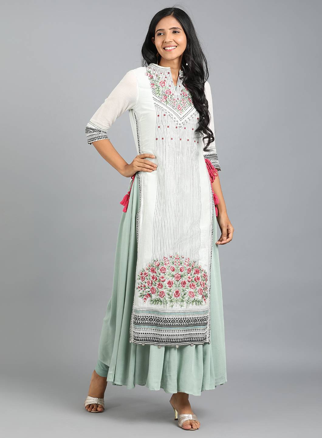 White Mandarin Neck Floral Print kurta