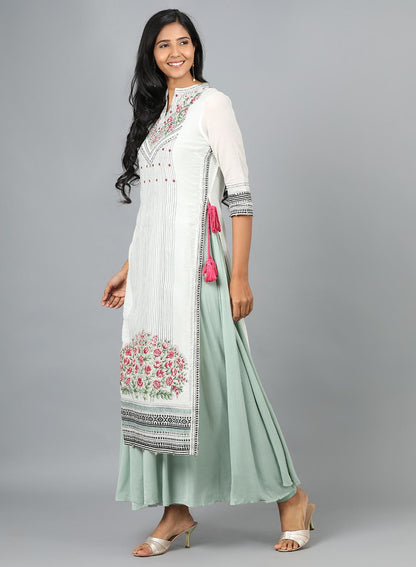 White Mandarin Neck Floral Print kurta