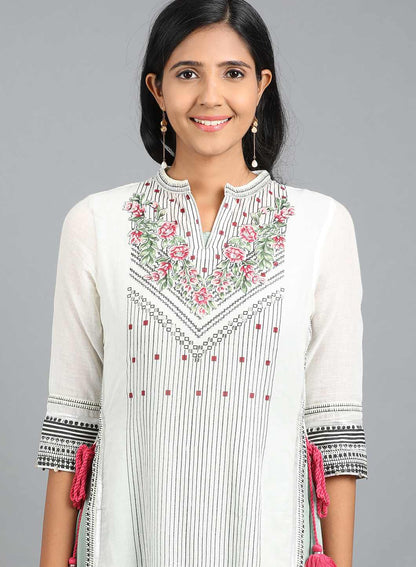 White Mandarin Neck Floral Print kurta