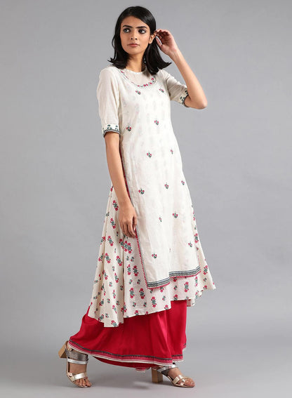 White &amp; Green Mandarin Neck Embroidered kurta - wforwoman