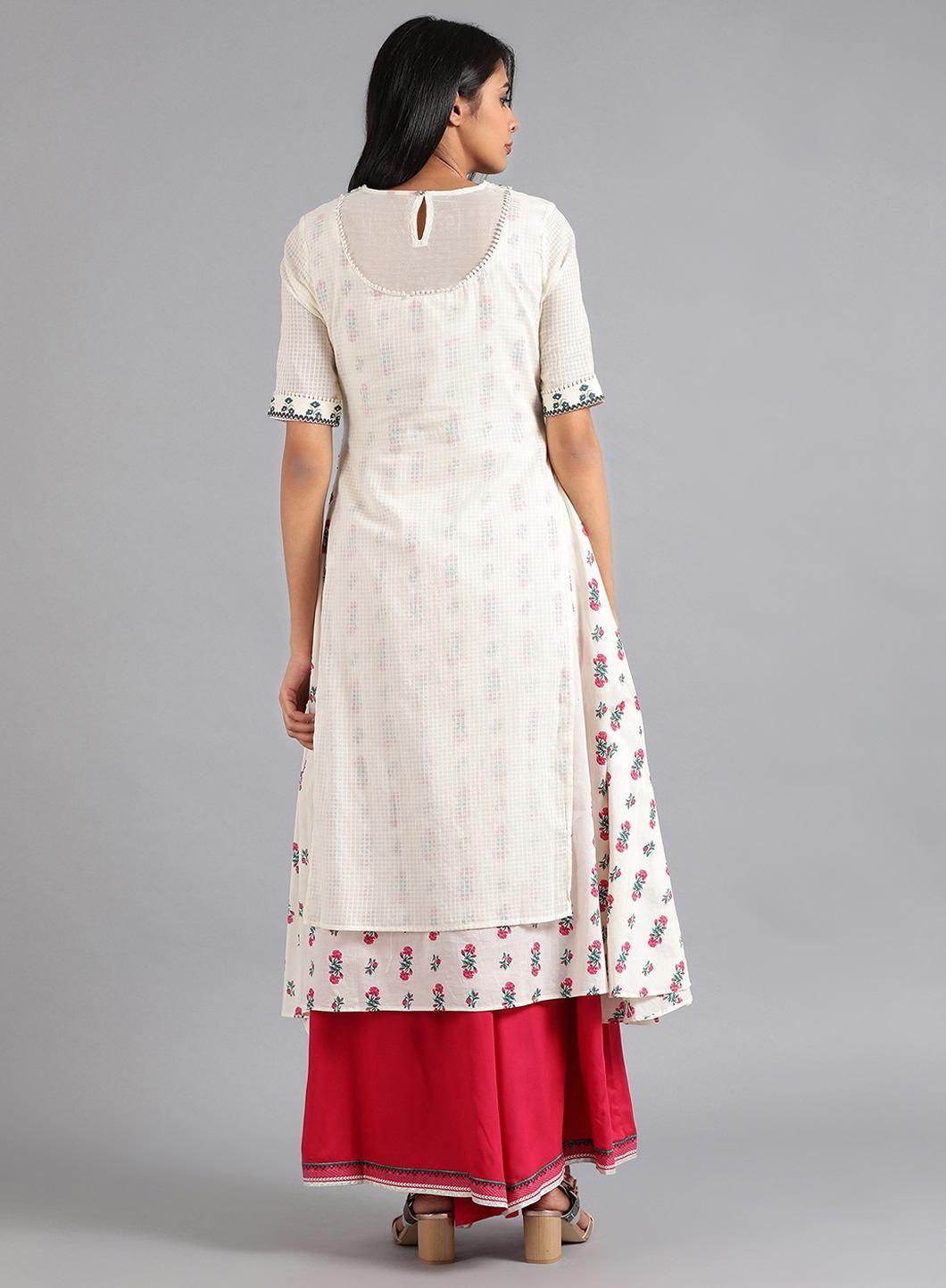 White &amp; Green Mandarin Neck Embroidered kurta - wforwoman