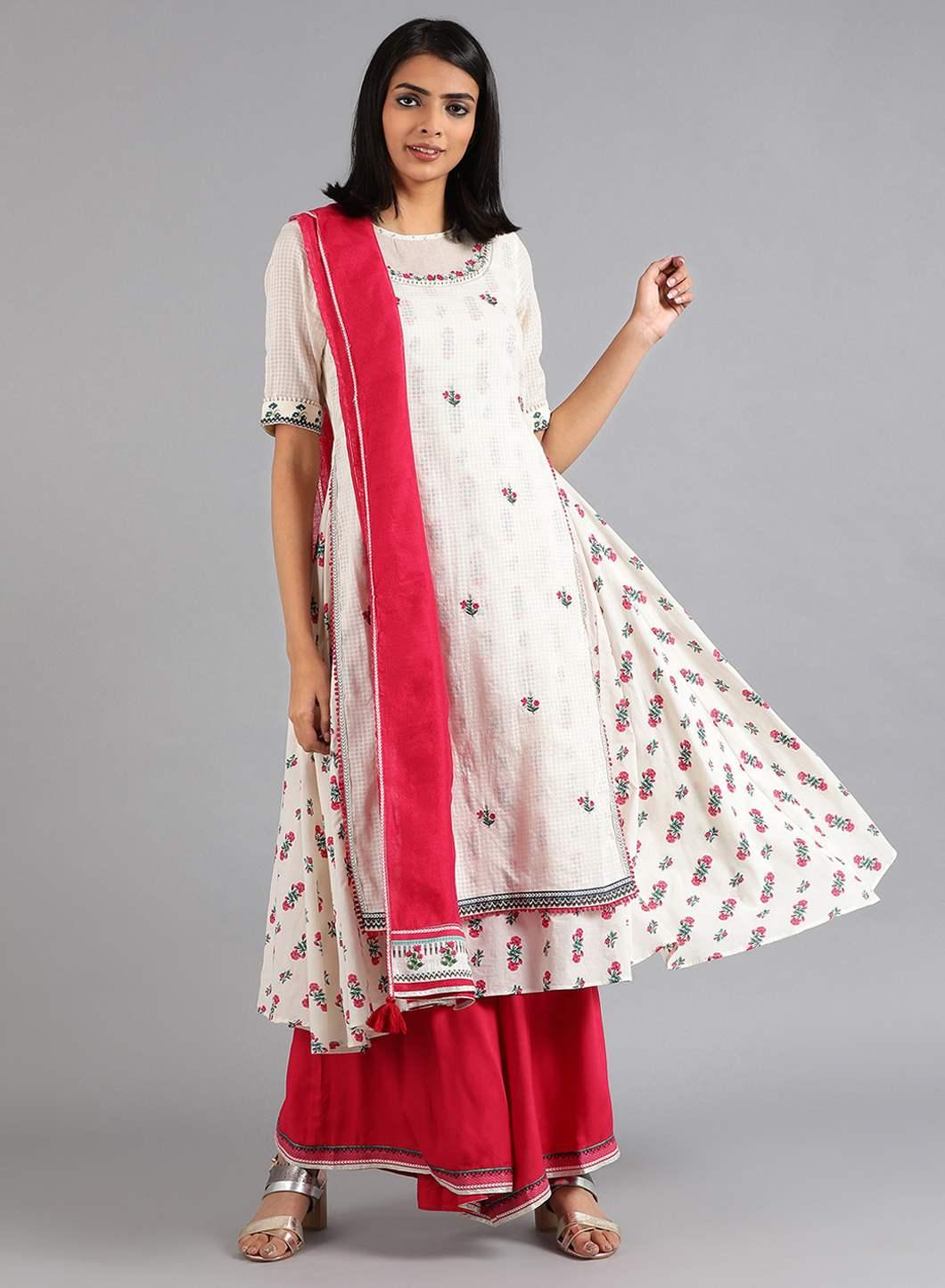 White &amp; Green Mandarin Neck Embroidered kurta - wforwoman