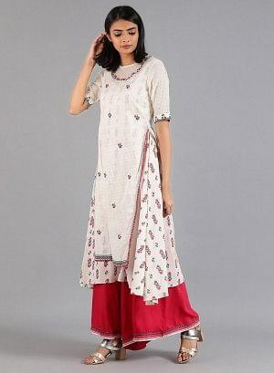 White &amp; Green Mandarin Neck Embroidered kurta - wforwoman