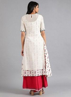 White &amp; Green Mandarin Neck Embroidered kurta - wforwoman