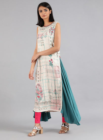 White Round Neck Printed kurta - wforwoman